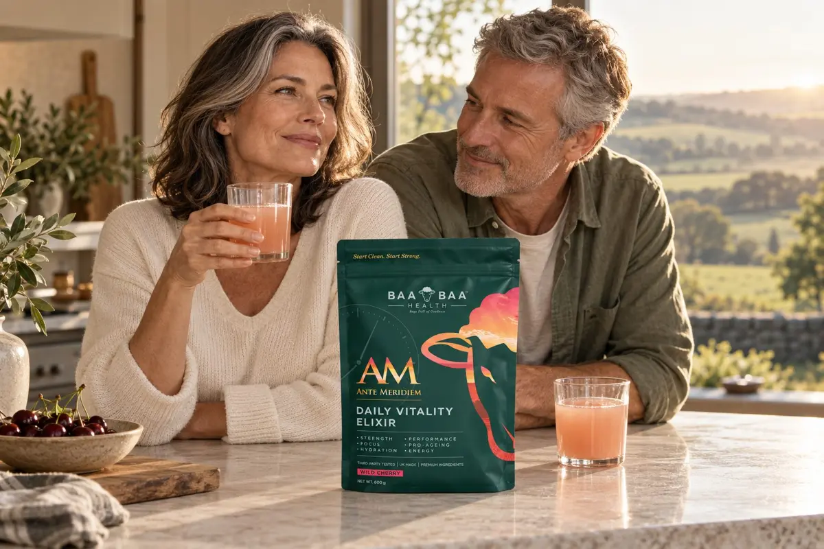 A couple at a kitchen island at sunrise with glasses of Ante Meridiem