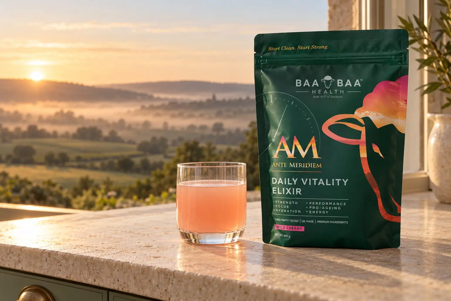 Sunrise over misty British countryside, with a glass of Ante Meridiem on a stone sill