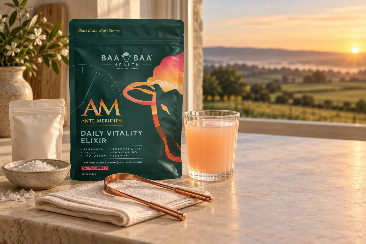 The A.M. ritual kit: Ante Meridiem, Celtic Sea Salt, a copper tongue scraper and a glass of the elixir at sunrise
