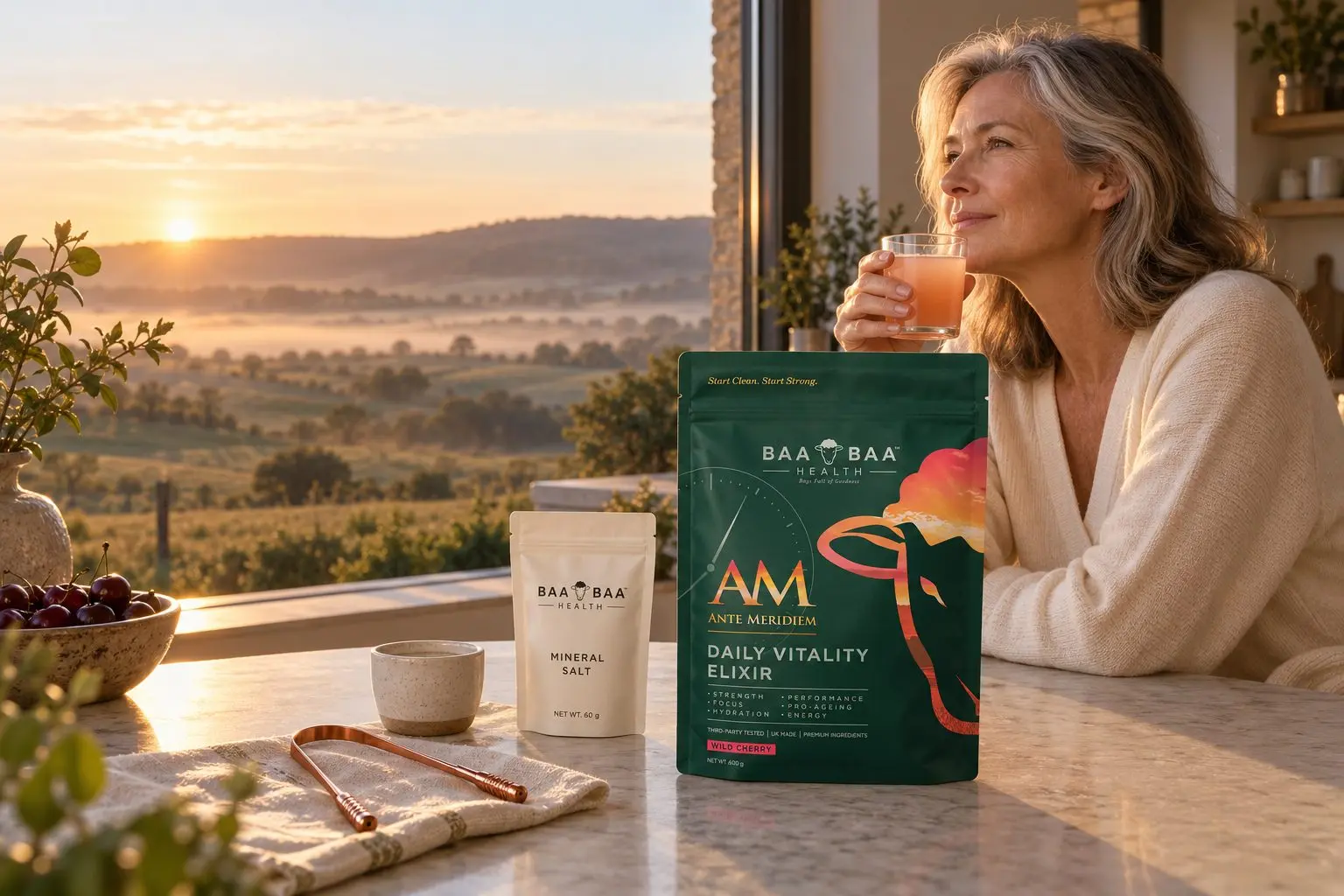 A woman at a kitchen counter at dawn, glass of Ante Meridiem in hand, with the salt pouch and copper scraper